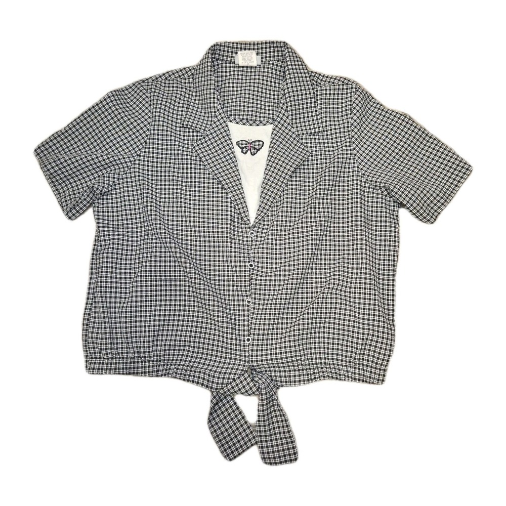Vtg‎ Blair Womens Plaid Tie Front Shirt Butterfly Embroidery Preppy Size L